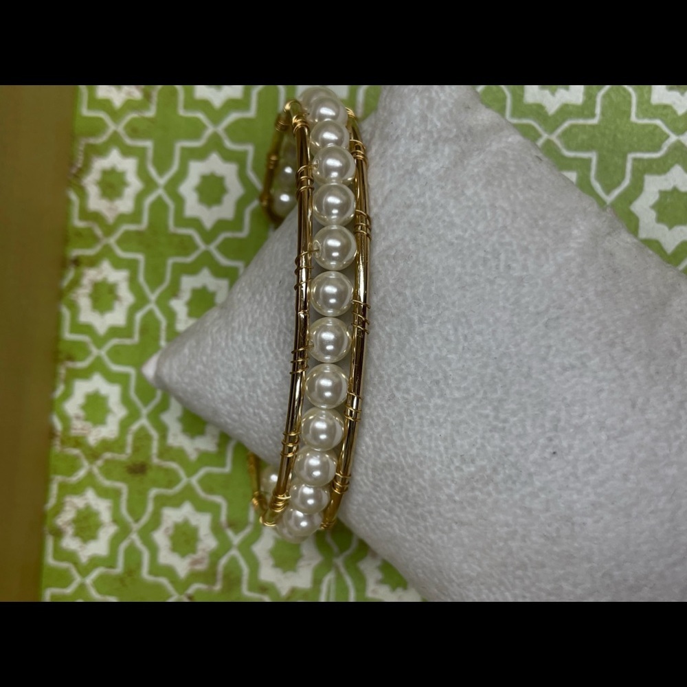 INC Gold-Tone Imitation Pearl Cuff Bracelet. Adjustable. Wire wrapped.Macy's NWT - Picture 2 of 12